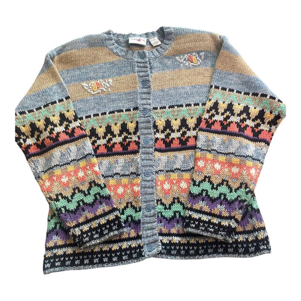 Crazy Horse Vintage Eclectic Fair Isle Knit Cardigan Sweater Cottagecore Granny